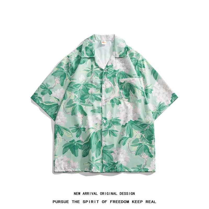 Thai Cuban Collar Floral Shirt Unisex Loose Retro Hawaiian Vacation Loose Beach Short Sleeve Shirt For Couple - Image 2