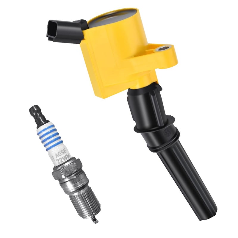 MAS Yellow Set of 10 Ignition Coil Pack DG508 Curved Boot & Motorcraft Spark Plug SP479 Compatible with Ford F150 F250 E150 Expedition Lincoln Replacement for FD503 DG457 C1417 - Image 4
