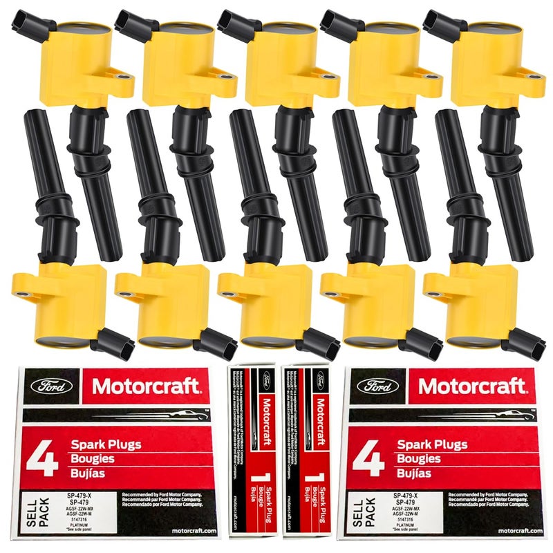 MAS Yellow Set of 10 Ignition Coil Pack DG508 Curved Boot & Motorcraft Spark Plug SP479 Compatible with Ford F150 F250 E150 Expedition Lincoln Replacement for FD503 DG457 C1417 - Image 1