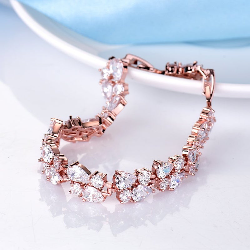 GULICX Women's Crystal Cubic Zirconia Rose Gold Plated Vintage Style Dual Layer Pear Drop Bracelet 7.5" - Image 5