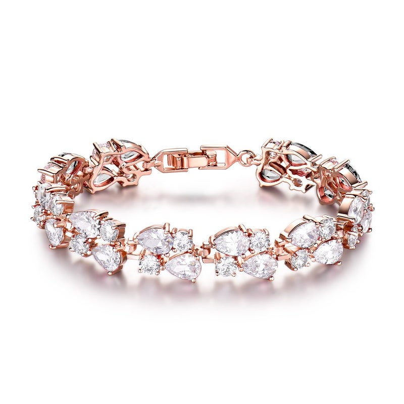 GULICX Women's Crystal Cubic Zirconia Rose Gold Plated Vintage Style Dual Layer Pear Drop Bracelet 7.5" - Image 1