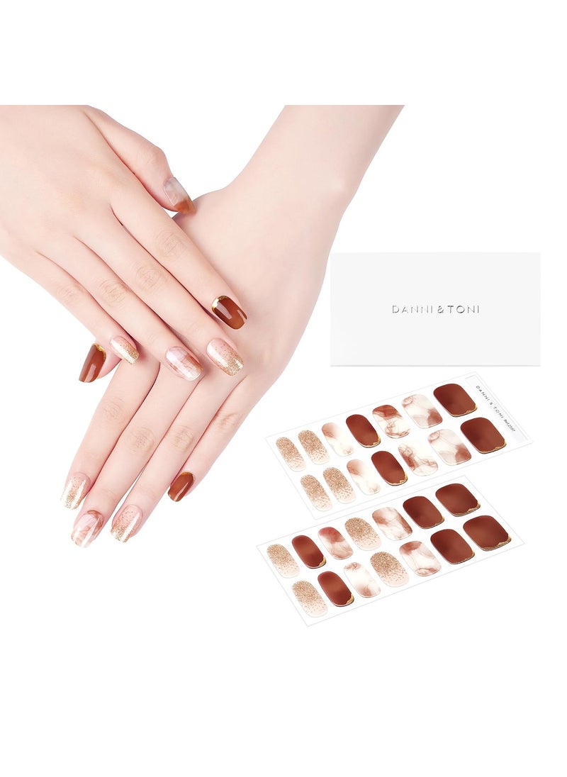 DANNI & TONI - DANNI & TONI Semi Cured Gel Nail Strips Marble (Desert Rose) Gold Glitter Gel Nail Stickers Ombre Gel Nail Wraps 28 Stickers - Image 1