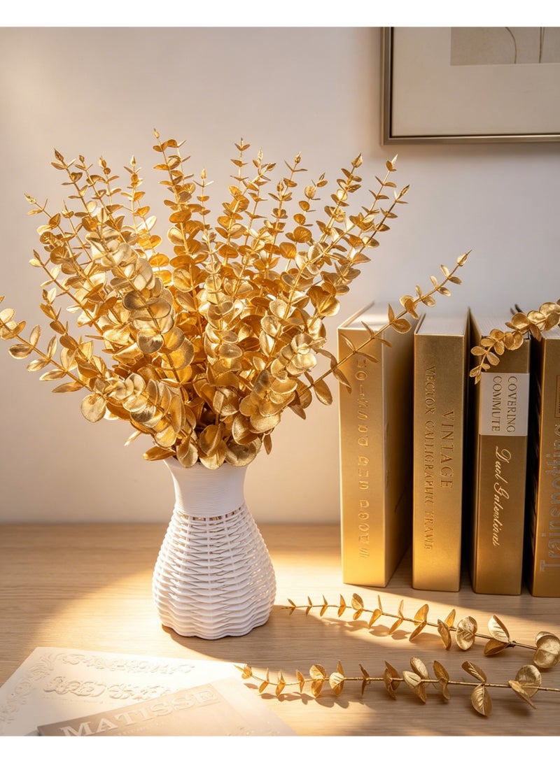 Arabest 24 Pcs Artificial Gold Eucalyptus Stems, Plastic Faux Eucalyptus Greenery Branches, Realistic Fake Leaf Decorations for Vase Floral Arrangement, Home Office Table Centerpiece, Wedding and Party Decor - Image 5