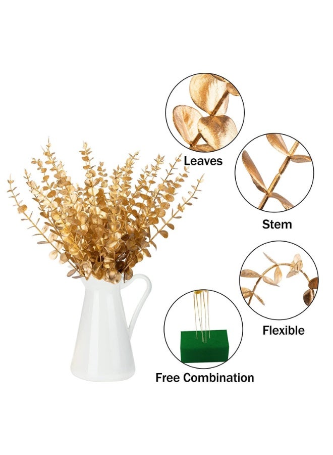 Arabest 24 Pcs Artificial Gold Eucalyptus Stems, Plastic Faux Eucalyptus Greenery Branches, Realistic Fake Leaf Decorations for Vase Floral Arrangement, Home Office Table Centerpiece, Wedding and Party Decor - Image 3