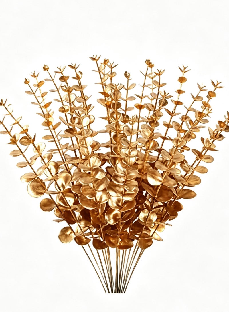 Arabest 24 Pcs Artificial Gold Eucalyptus Stems, Plastic Faux Eucalyptus Greenery Branches, Realistic Fake Leaf Decorations for Vase Floral Arrangement, Home Office Table Centerpiece, Wedding and Party Decor - Image 1