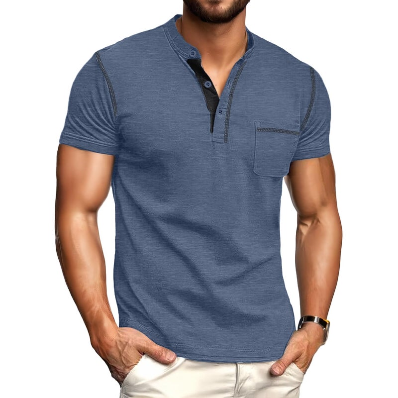 Sailwind Mens Henley Shirts Short Sleeve Summer Casual Classic Cotton T Shirts Pocket Button Shirt Blue - Image 2