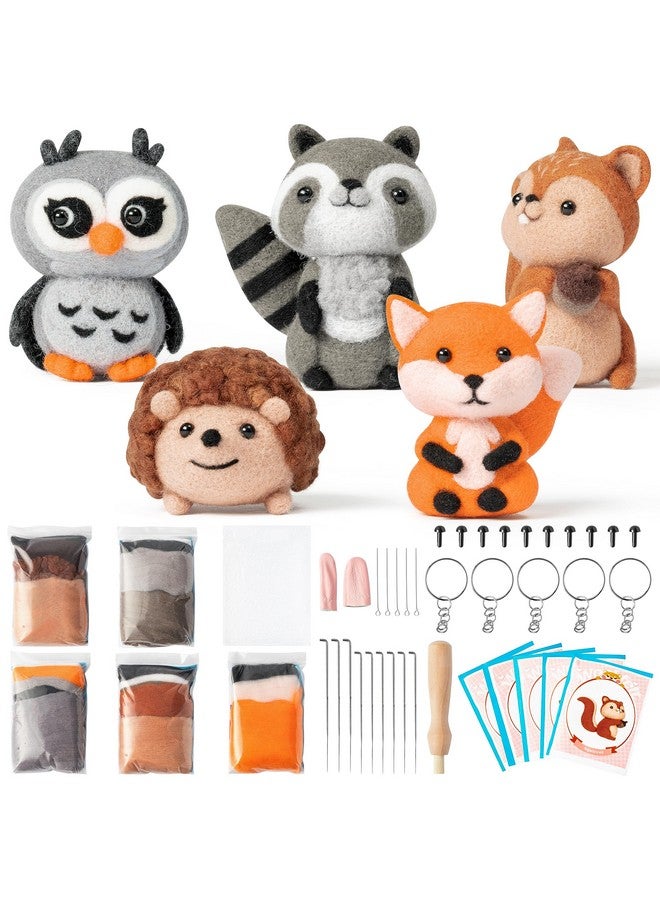 WATINC Set of 5 Woodland Wool Needle Felting Kit, Fox Owl Hedgehog Squirrel Raccoon Animal Doll Wool Felt Needle Felting Tools Foam Pad, DIY Needle Felting Craft Party Supplies for Beginners - Image 1