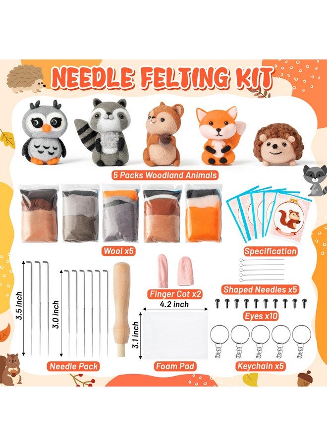 WATINC Set of 5 Woodland Wool Needle Felting Kit, Fox Owl Hedgehog Squirrel Raccoon Animal Doll Wool Felt Needle Felting Tools Foam Pad, DIY Needle Felting Craft Party Supplies for Beginners - Image 2