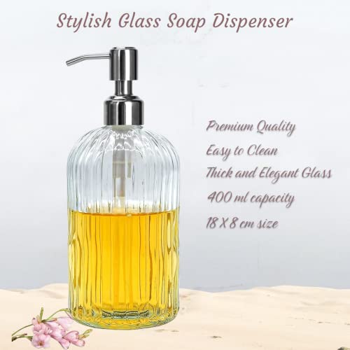 Luximal 2-Pack(1 Pc Crystal + 1 Pc Stripe) Glass Soap Dispenser Set (400ml Each) | Refillable Handwash & Sanitizer Bottle with ABS Pump for Bathroom, Kitchen, Sink & Wash Basin - Image 2