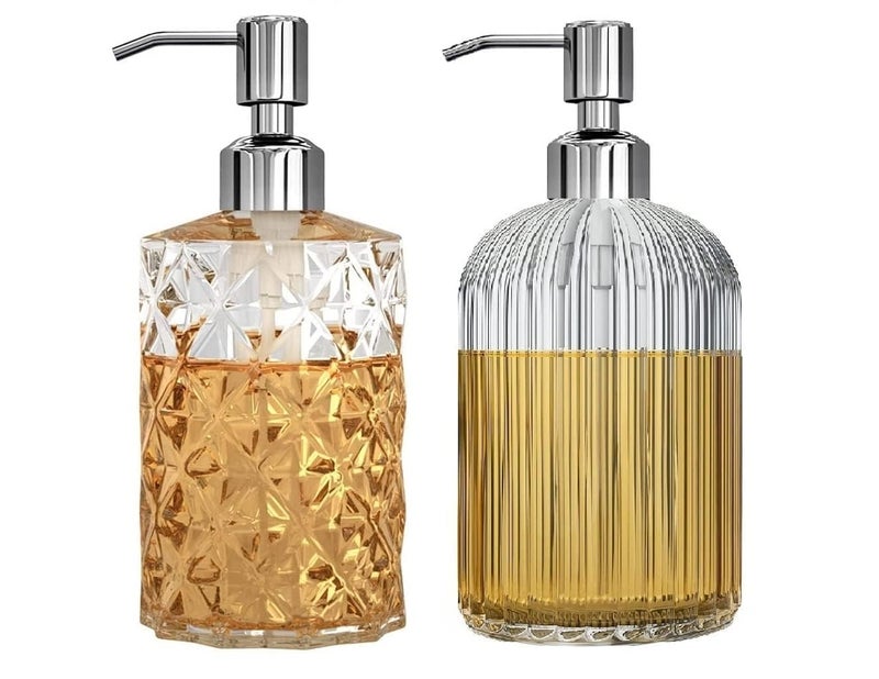 Luximal 2-Pack(1 Pc Crystal + 1 Pc Stripe) Glass Soap Dispenser Set (400ml Each) | Refillable Handwash & Sanitizer Bottle with ABS Pump for Bathroom, Kitchen, Sink & Wash Basin - Image 1