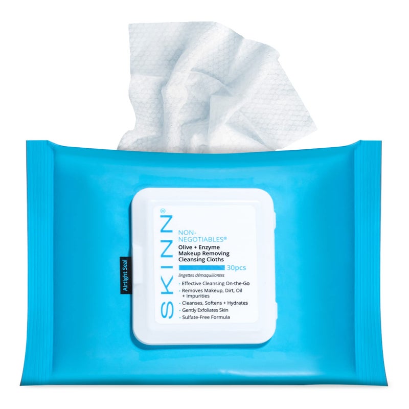 SKINN Facial Cleansing Makeup Remover Wipes - Hydrating Makeup Removing Cloths for Waterproof Mascara, Makeup, Oil, & Dirt - Disposable Face Towelettes that Gently Exfoliates, Cleanses, & Softens Skin - Image 1