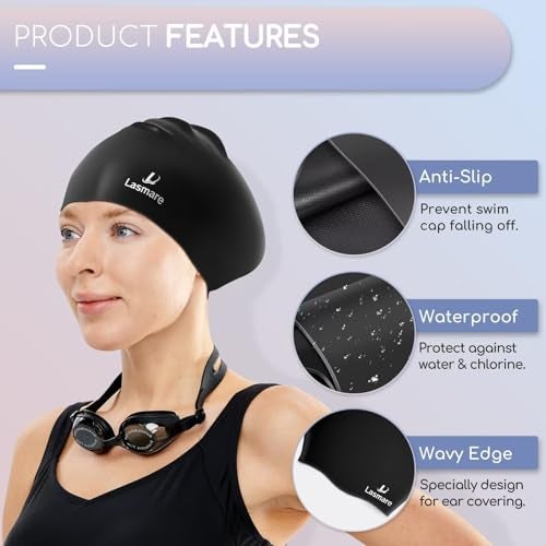 Lasmare Long Hair Swim Cap for Women 2 Pack, Silicone Swimming Caps for Unisex Adult Women Men with Ear Plugs & Nose Clip Set, Waterproof Adult Swim Hats Bathing Caps to Keep Hair Dry(Black+Blue) - Image 2