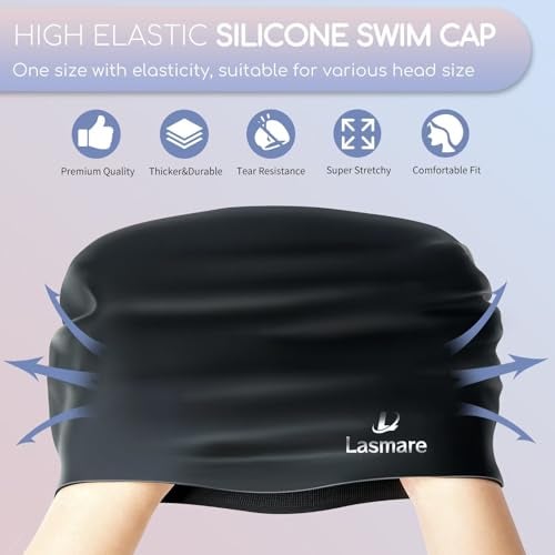 Lasmare Long Hair Swim Cap for Women 2 Pack, Silicone Swimming Caps for Unisex Adult Women Men with Ear Plugs & Nose Clip Set, Waterproof Adult Swim Hats Bathing Caps to Keep Hair Dry(Black+Blue) - Image 3