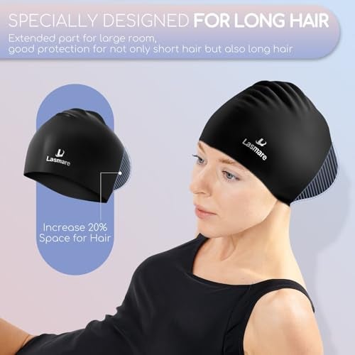 Lasmare Long Hair Swim Cap for Women 2 Pack, Silicone Swimming Caps for Unisex Adult Women Men with Ear Plugs & Nose Clip Set, Waterproof Adult Swim Hats Bathing Caps to Keep Hair Dry(Black+Blue) - Image 5