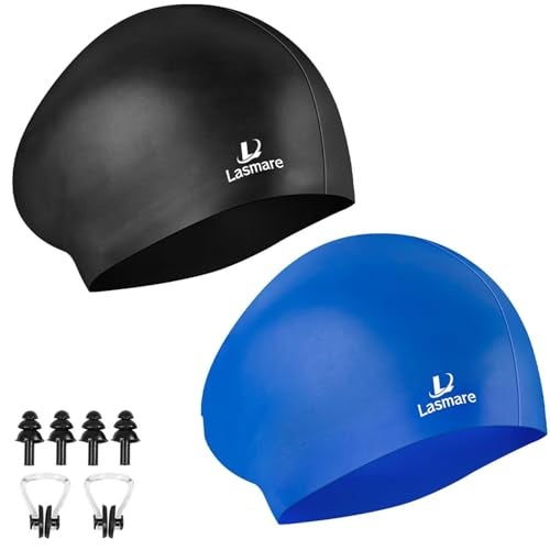 Lasmare Long Hair Swim Cap for Women 2 Pack, Silicone Swimming Caps for Unisex Adult Women Men with Ear Plugs & Nose Clip Set, Waterproof Adult Swim Hats Bathing Caps to Keep Hair Dry(Black+Blue) - Image 1
