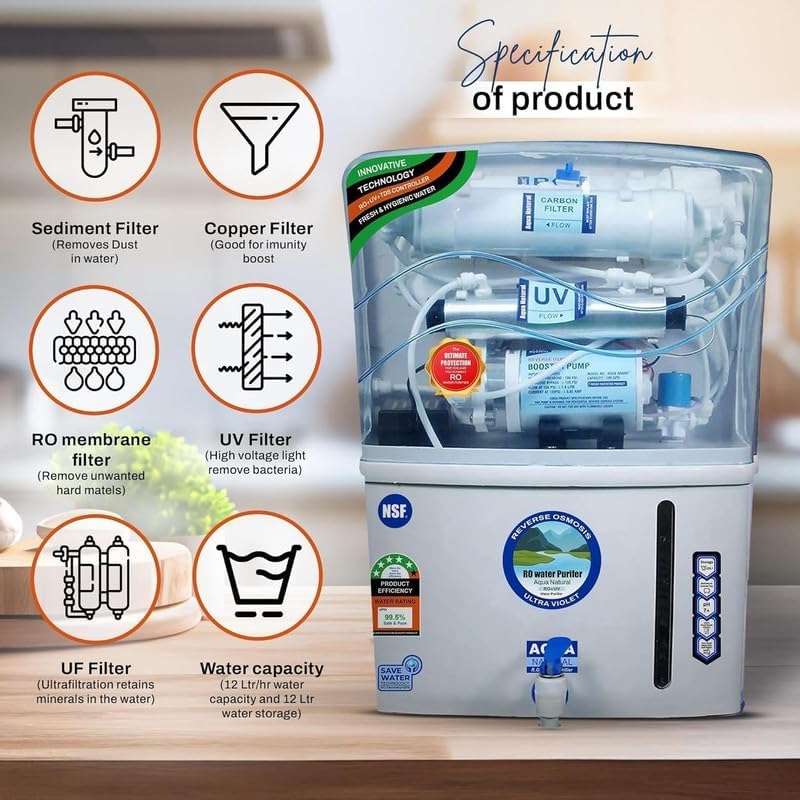 Aqua RO Natural RO Water Purifier With RO + UV + UF + TDS Controler Electrical for Municipal Corporation Water Purifier 12 liter || No need 2 yrs service|use in class room For Home And Office||SAT-001  - Image 4