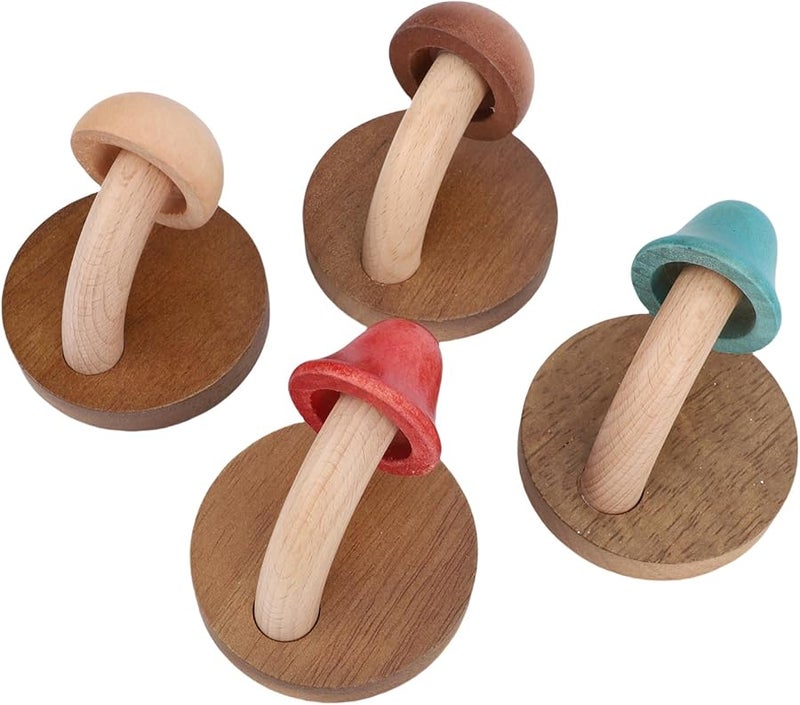 خطافات معطف خشب صلب على شكل فطر، عبوة من 4 خطافات لاصقة للحائط لغرفة النوم والحمام وديكور المنزل - Image 1