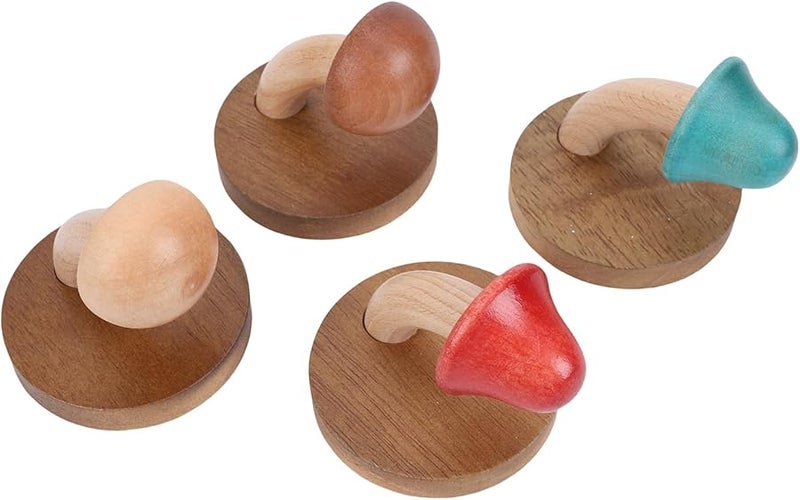 خطافات معطف خشب صلب على شكل فطر، عبوة من 4 خطافات لاصقة للحائط لغرفة النوم والحمام وديكور المنزل - Image 5