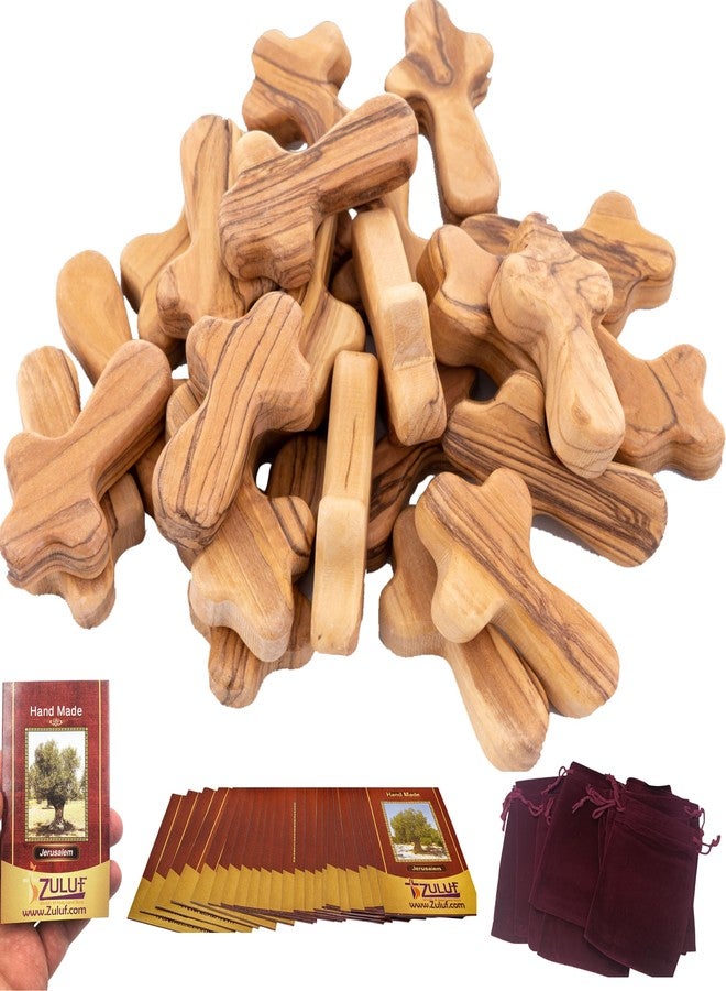Zuluf Set of 25 Small Olive Wood Crosses 2.5" (6cm) – Fidget Wooden Cross, Gifts for Comfort, Catholic Confirmation Gifts for Adults, Pocket Prayer Crosses – With Bags & Certificates CRS121 - Image 1