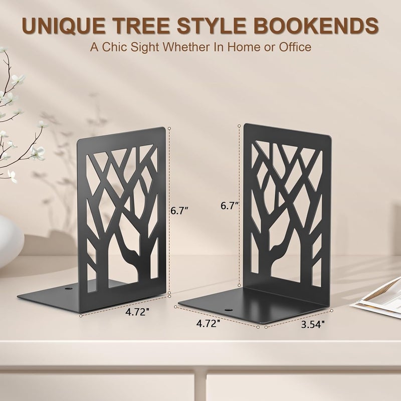VFINE Bookends 4 Pieces, Modern Metal Bookends for Shelves, Black Tree Book Ends for Books, Decorative Book Organizer for Desk, Non-Skid Shelve Bookends for Home Office - Image 2