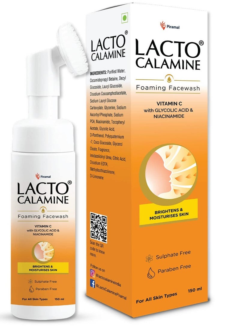 Lacto Calamine Vitamin C Foaming Face wash Brightens skin control blackheads whiteheads With Built in foaming Brush Sulphate free face wash - Image 1