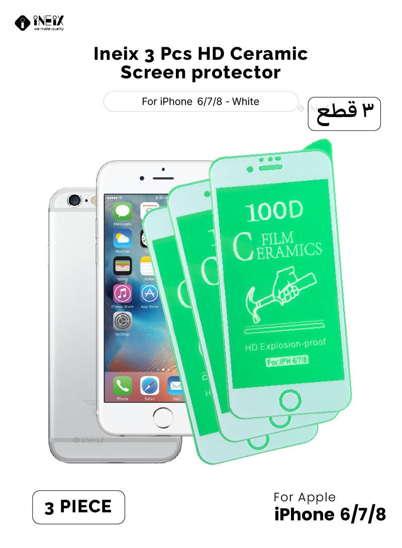 INEIX 3 Pcs HD Ceramic Screen Protector For Apple iPhone 6/7/8 - White/Clear  - Image 1
