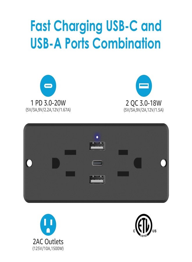 HHSOET 5 in 1 Recessed Power Strip Flat Plug, 20W Fast Charging Furniture Outlet with USB, Conference Recessed Socket with 2 AC Plugs, 2 USB Ports 1 USB-C, 6ft Power Cord. (Black) - Image 2