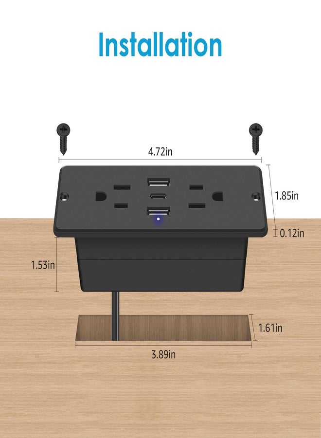 HHSOET 5 in 1 Recessed Power Strip Flat Plug, 20W Fast Charging Furniture Outlet with USB, Conference Recessed Socket with 2 AC Plugs, 2 USB Ports 1 USB-C, 6ft Power Cord. (Black) - Image 3