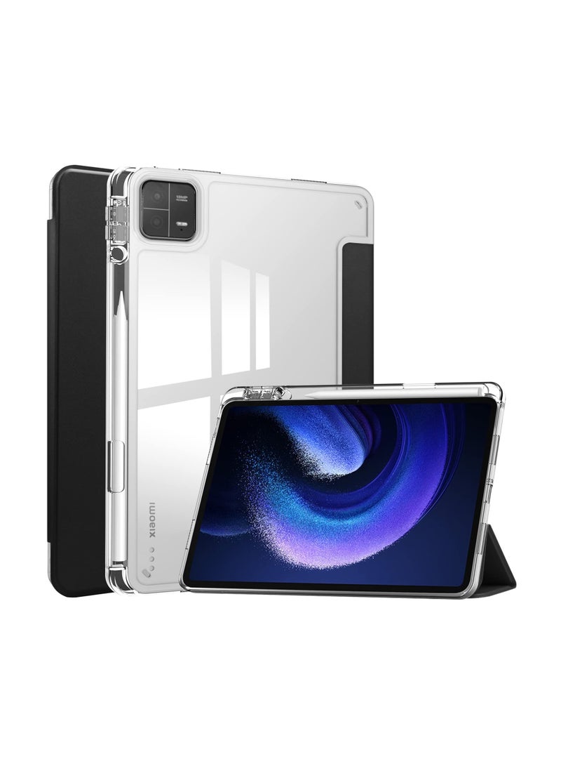 Case with Pen Holder for Xiaomi Pad 6 / Pad 6 Pro, Transparent Hard Shell Back, Trifold Smart Cover, Protective Slim Case, for Xiaomi Mi Pad 6 /Pad 6 Pro 11” 2023 Release, Black
