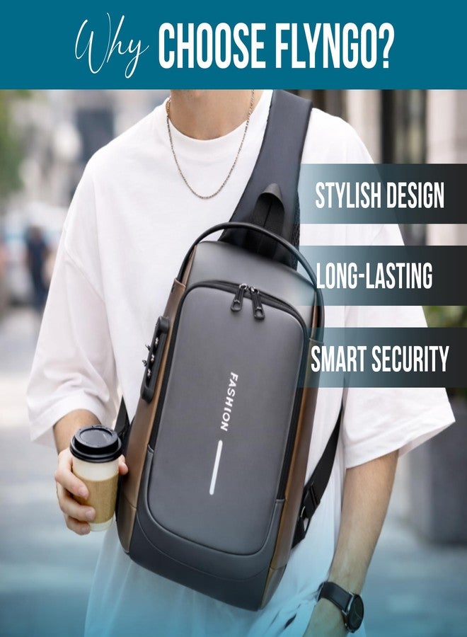 FLYNGO Sling Bag for Men Stylish Crossbody Backpack for Men & Women, Anti-Theft Chest Bag with USB Charging Port, Messenger Bags, Casual Shoulder Bag (Grey & Brown) - Image 5