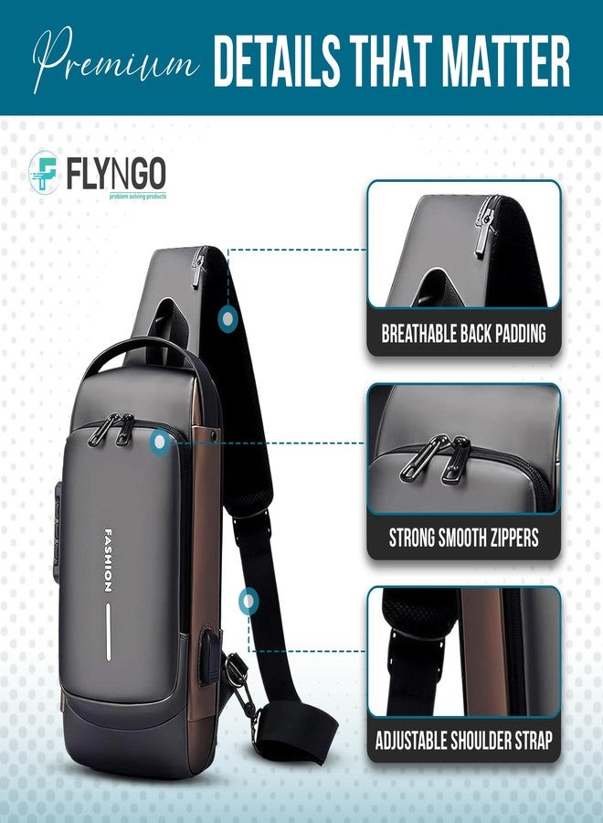 FLYNGO Sling Bag for Men Stylish Crossbody Backpack for Men & Women, Anti-Theft Chest Bag with USB Charging Port, Messenger Bags, Casual Shoulder Bag (Grey & Brown) - Image 4