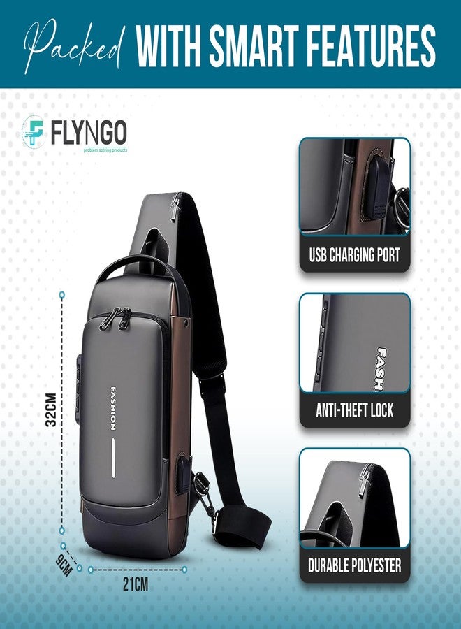 FLYNGO Sling Bag for Men Stylish Crossbody Backpack for Men & Women, Anti-Theft Chest Bag with USB Charging Port, Messenger Bags, Casual Shoulder Bag (Grey & Brown) - Image 2