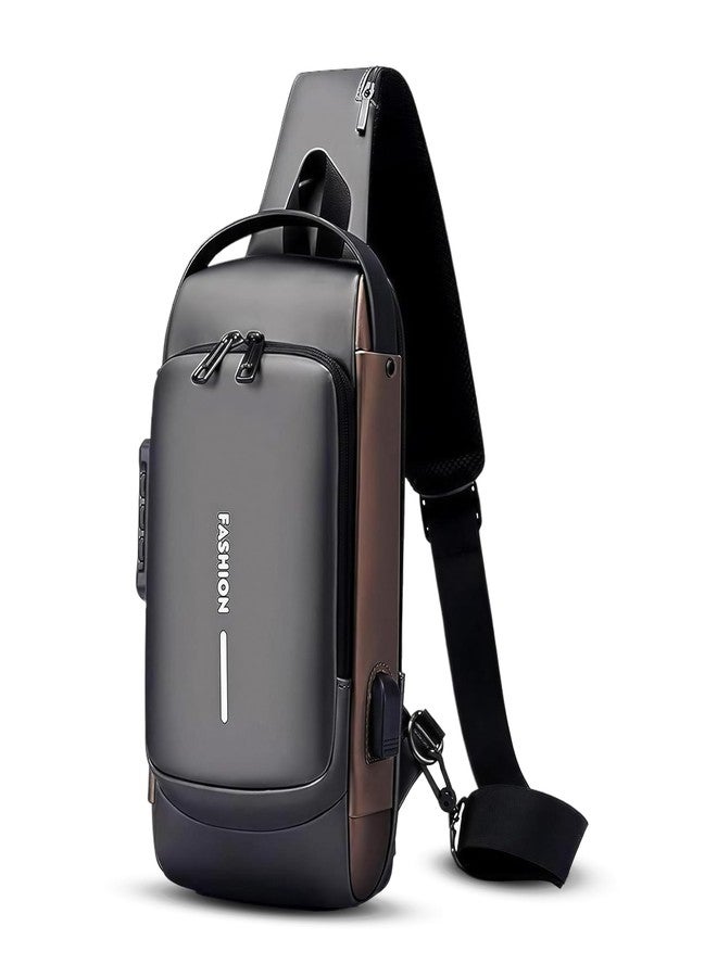 FLYNGO Sling Bag for Men Stylish Crossbody Backpack for Men & Women, Anti-Theft Chest Bag with USB Charging Port, Messenger Bags, Casual Shoulder Bag (Grey & Brown) - Image 1