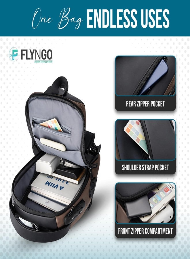 FLYNGO Sling Bag for Men Stylish Crossbody Backpack for Men & Women, Anti-Theft Chest Bag with USB Charging Port, Messenger Bags, Casual Shoulder Bag (Grey & Brown) - Image 3