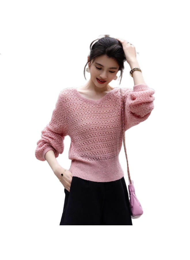 dme Demana [Containing Wool] Spring Gentle Style V-Neck Hollow-Out Sweater, Body-Hugging, Girly Short Knit Top For Women - Image 1