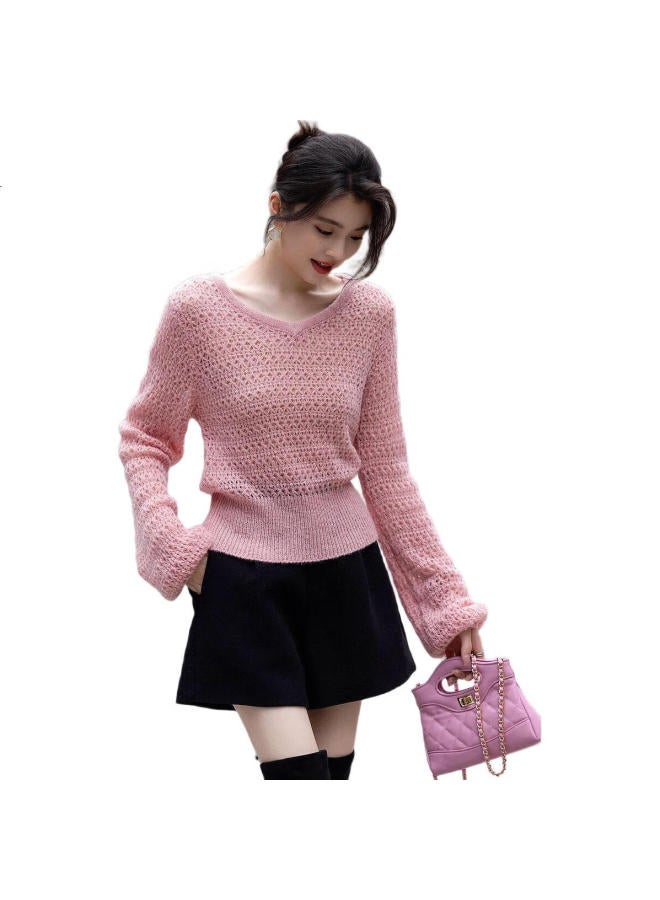 dme Demana [Containing Wool] Spring Gentle Style V-Neck Hollow-Out Sweater, Body-Hugging, Girly Short Knit Top For Women - Image 2