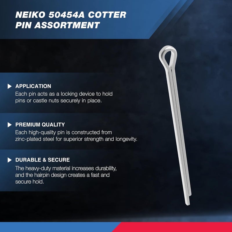 Neiko 50454A Cotter Pin Assortment | 555 Piece | Zinc Plated Premium Quality | Steel Split Pin Fastener Clips | Straight Hairpins | Holds Pins or Castle Nuts in Place - Image 2