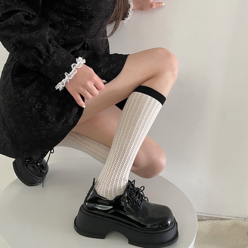 Spring and summer thin transfer ring hollow hole socks calf socks color matching black and white cotton socks simple trend pile socks - Image 4