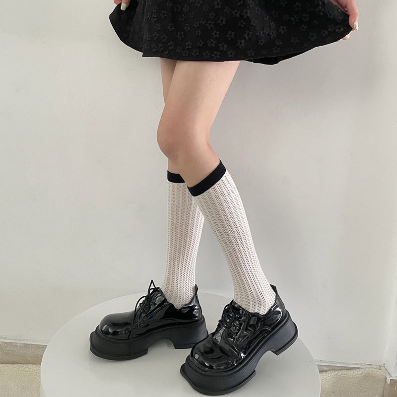 Spring and summer thin transfer ring hollow hole socks calf socks color matching black and white cotton socks simple trend pile socks - Image 2