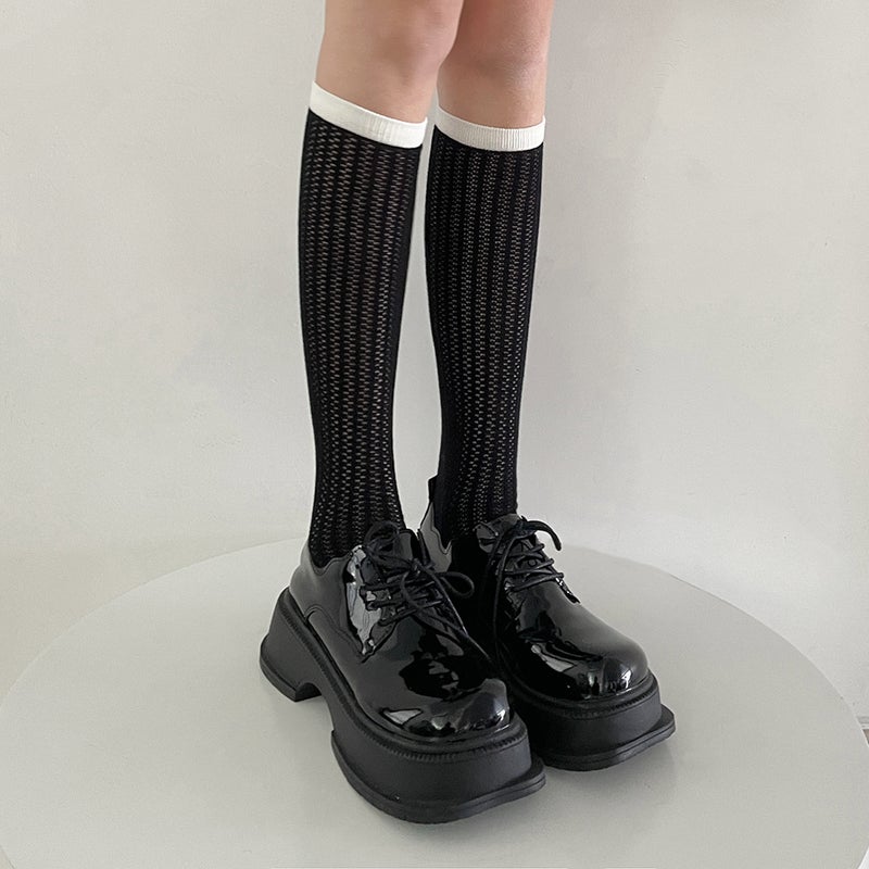 Spring and summer thin transfer ring hollow hole socks calf socks color matching black and white cotton socks simple trend pile socks - Image 1