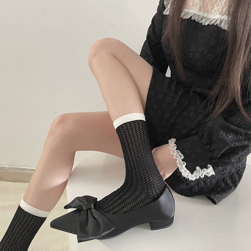 Spring and summer thin transfer ring hollow hole socks calf socks color matching black and white cotton socks simple trend pile socks - Image 3