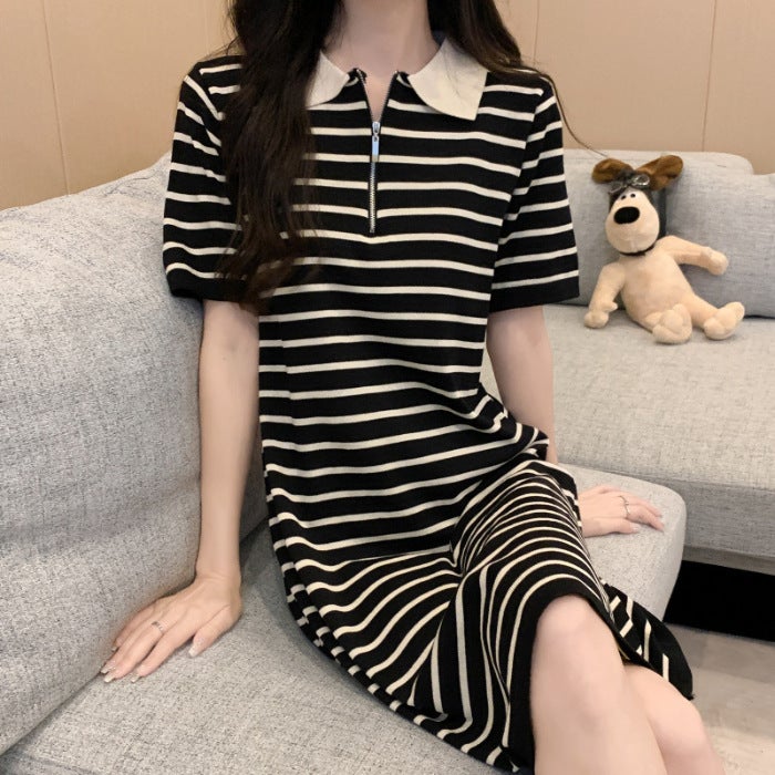 Dress womens striped polo collar ice silk knitted T-shirt summer loose slimming casual temperament age-reducing short skirt Apricot - Image 2