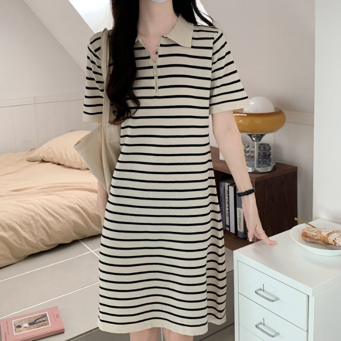 Dress womens striped polo collar ice silk knitted T-shirt summer loose slimming casual temperament age-reducing short skirt Apricot - Image 1