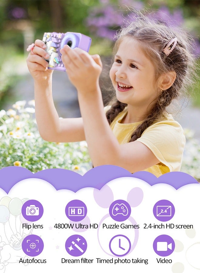 Purple Unicorn Kids Digital Camera, 48MP 1080P IPS Screen, 8x Zoom, Dual Camera, with 32GB Memory Card & Reader, USB Rechargeable 600mAh Lithium Polymer Battery, Delayed Shooting, Video, Games, for Ages 3-12, Gift Idea  - Image 3