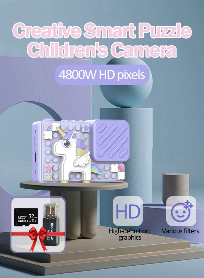 Purple Unicorn Kids Digital Camera, 48MP 1080P IPS Screen, 8x Zoom, Dual Camera, with 32GB Memory Card & Reader, USB Rechargeable 600mAh Lithium Polymer Battery, Delayed Shooting, Video, Games, for Ages 3-12, Gift Idea  - Image 1