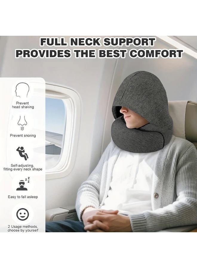 Gray U Shaped Travel Neck Pillow With Hood Ergonomic Support For Airplane Car Naps - Image 2