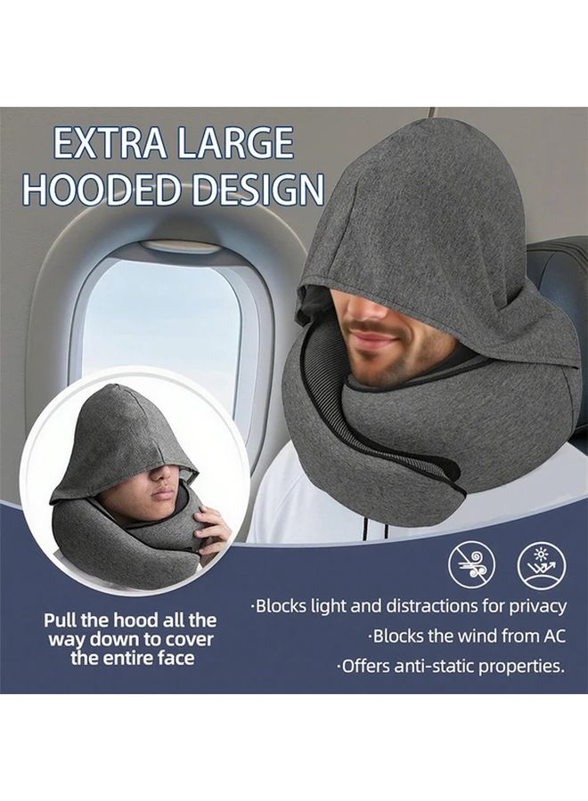 Gray U Shaped Travel Neck Pillow With Hood Ergonomic Support For Airplane Car Naps - Image 3