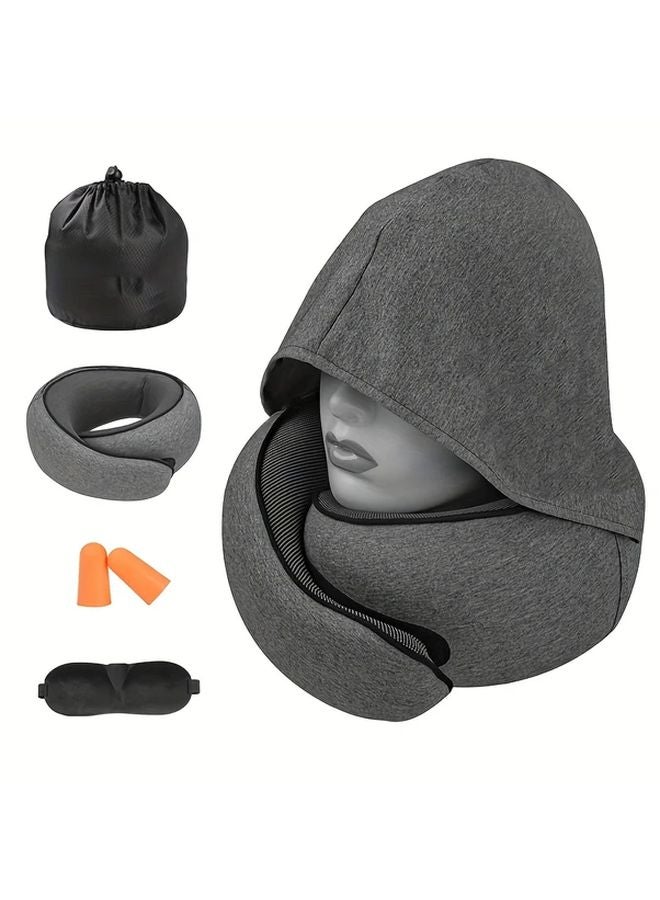 Gray U Shaped Travel Neck Pillow With Hood Ergonomic Support For Airplane Car Naps - Image 1