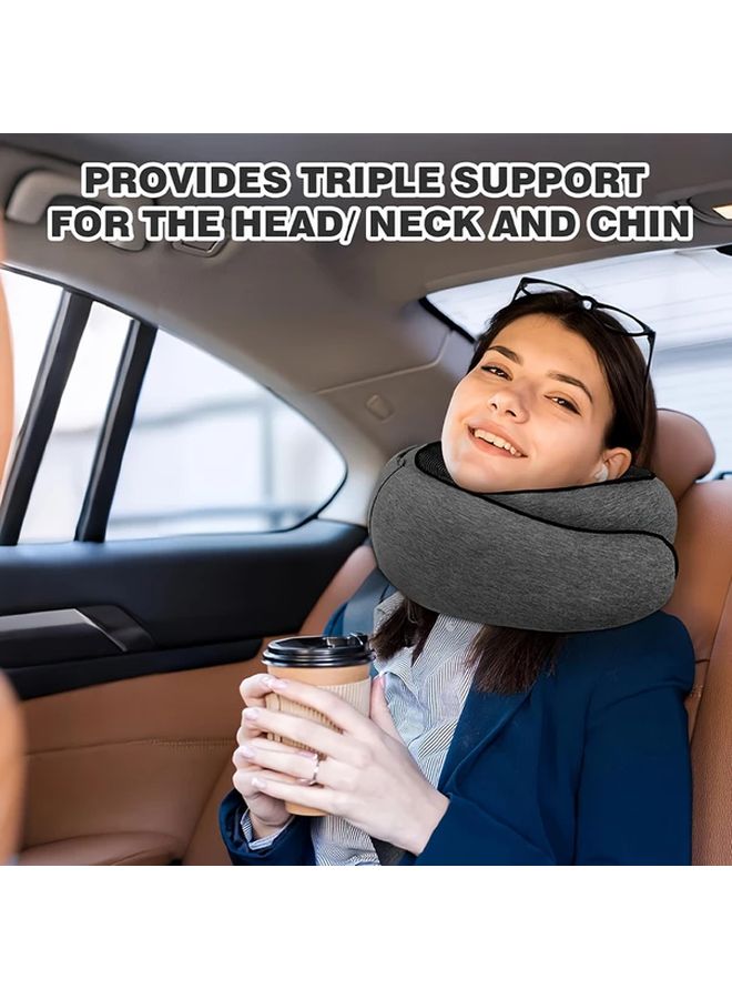 Gray U Shaped Travel Neck Pillow With Hood Ergonomic Support For Airplane Car Naps - Image 4