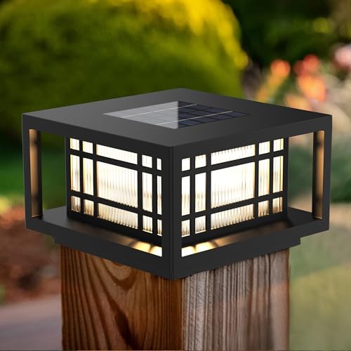 HUYIENO Solar Post Cap Lights Large Outdoor Deck Fence Post Lights 50Lumens Brightness Warm/Bright White Lighing Modes for 4x4 5x5 Vinyl Posts, 4x4 5x5 6x6 Wooden Posts (Black, 2pk) - Image 1